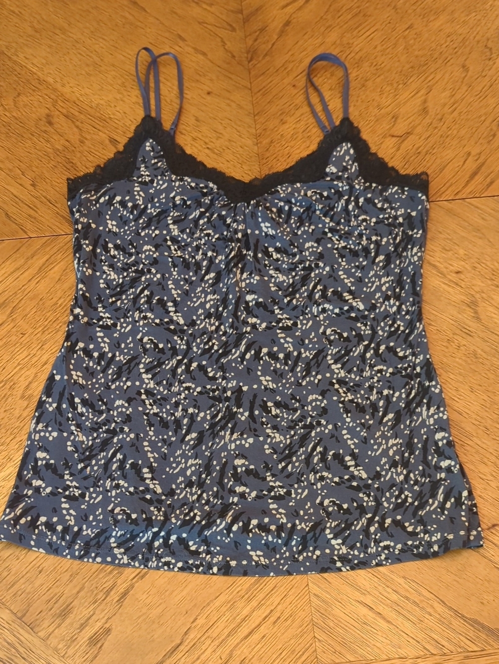 Y2K Express Blue Abstract Pattern Lace-Trim Camisole Tank Top Dainty Romantic